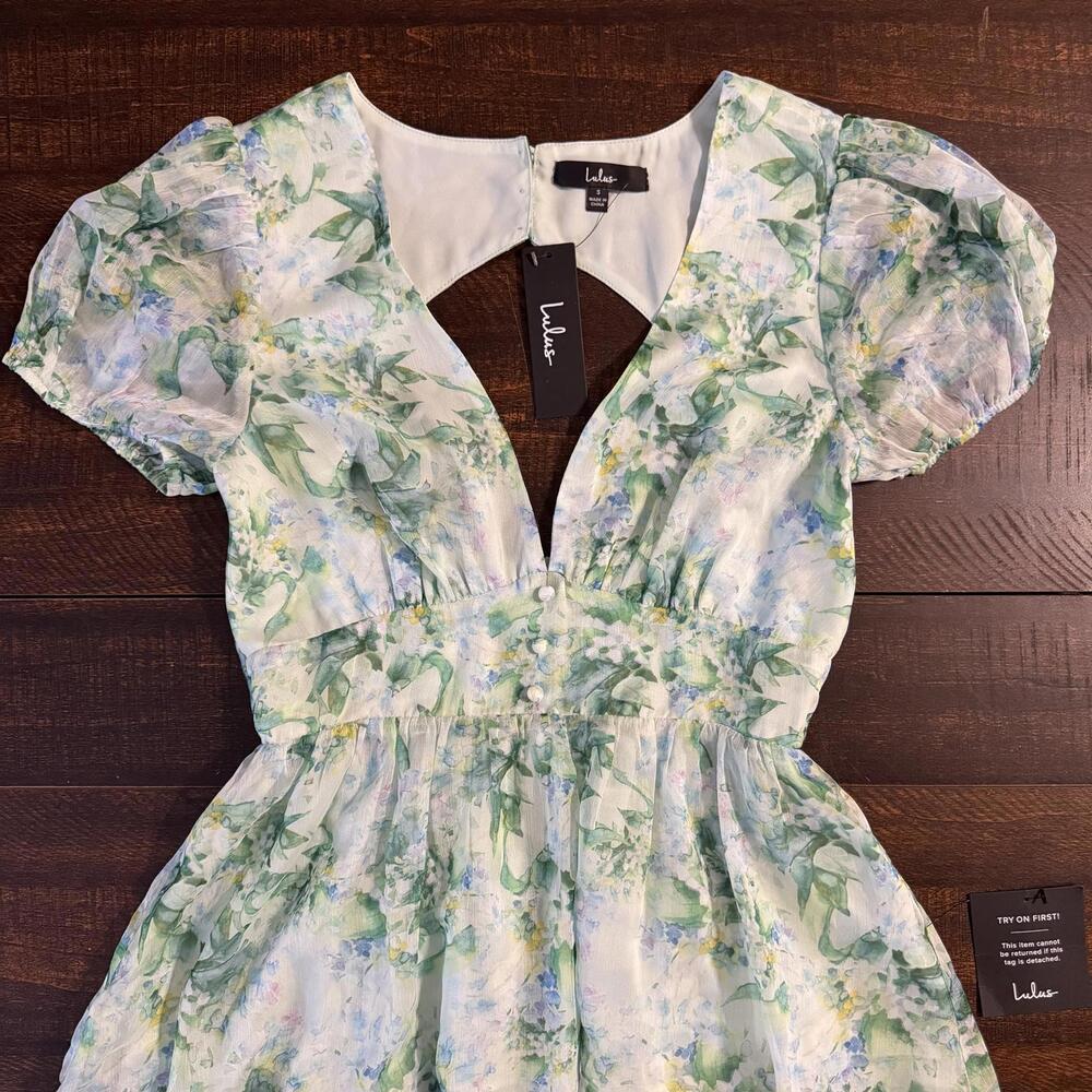 NWT Lulus Grateful Feelings Sage Green Floral Puff Sleeve Dress Small Spring - Picture 10 of 16